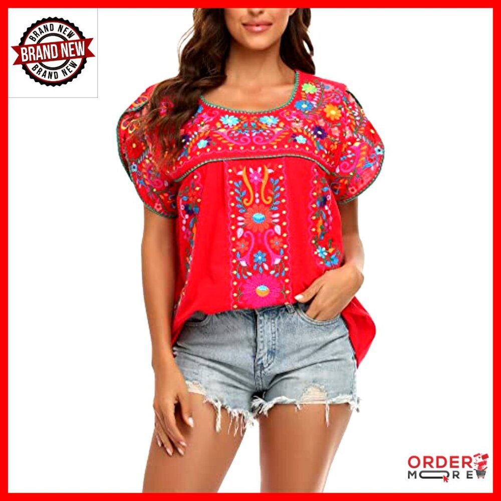 Boho Embroidery Tunic Top, Cotton Peasant Blouse, Relaxed Fit, True to Size - Picture 3 of 7